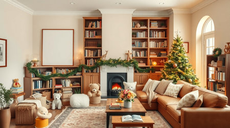 Living room interior with christmas tree and fireplace. 3d renderingの写真素材