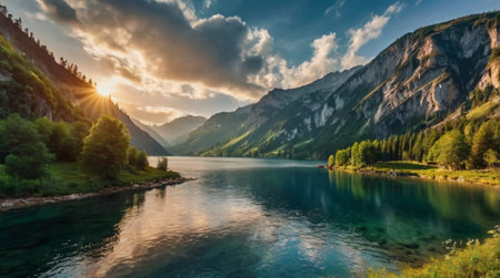 Panorama of a mountain lake in the Alps at sunset, Switzerlandの写真素材