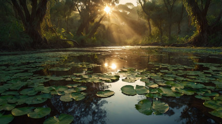 Sunrise over a small pond with lily pads and trees in the background