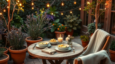 Table set for dinner in a cozy terrace with flowers and candlesの写真素材