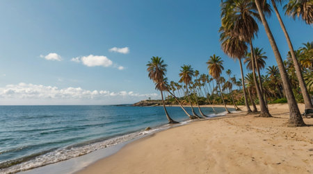 Palm trees on the sandy beach by the sea in Dominican Republicの写真素材