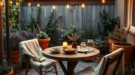 Interior of a cozy terrace with a wooden table, chairs, plants and candles.