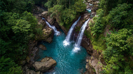 Aerial view of beautiful waterfall in deep forest at Chiang Mai, Thailandの写真素材
