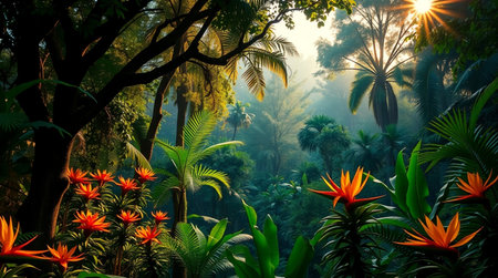 Tropical forest in the morning with sun rays and flowers.