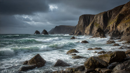 Dramatic seascape with stormy waves breaking on the rocks, Pembrokeshire, Wales