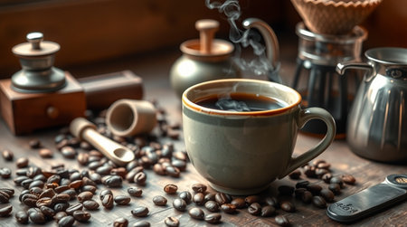 Coffee in a cup and saucer on a wooden table