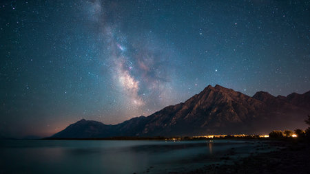 Milky Way over the mountains and lake. Long exposure photograph.
