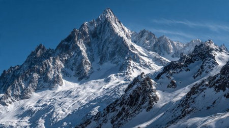 Mountain landscape with snow and clear blue sky. Caucasus Mountains, Georgia.