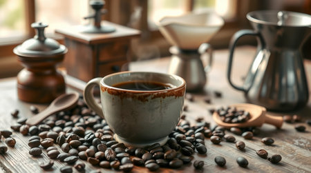 Cup of coffee and coffee beans on wooden table, closeupの写真素材