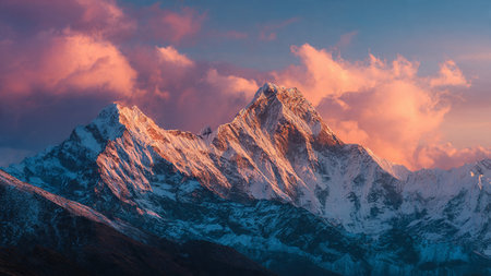 Panoramic view of Himalayas mountains at sunset, Nepalの写真素材