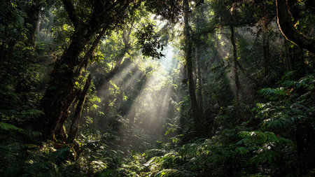 Sunlight in the rainforest of Doi Inthanon National Park, Chiang Mai, Thailandの写真素材
