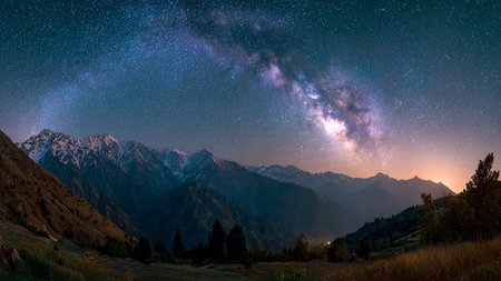 Milky Way over the mountains. Beautiful starry sky with milky way and stars.の写真素材