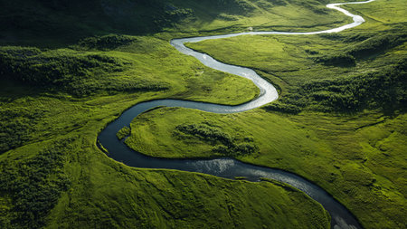 Aerial view of a small river flowing through the green hills in Icelandの写真素材