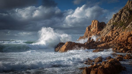 Panoramic view of stormy sea and rocky coastline in Spainの写真素材