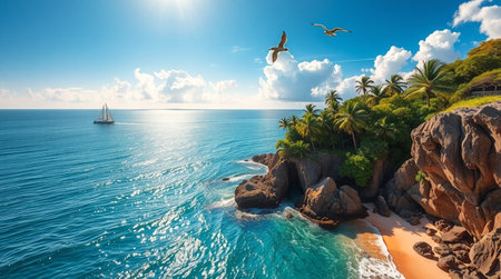Aerial view of beautiful tropical island with palm trees, turquoise sea and blue sky with white clouds. Seascape with seagulls flying in the sky.の写真素材