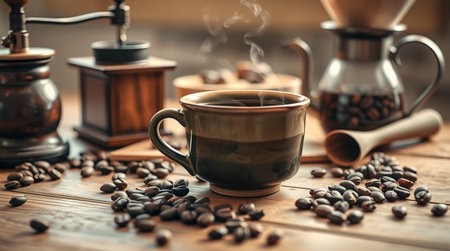 Cup of coffee and coffee beans on wooden table. Vintage filterの写真素材
