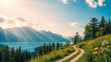 Beautiful summer landscape in the mountains. Panorama of the lake.の写真素材