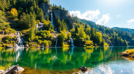 Beautiful alpine lake with clear transparent water and mountains in backgroundの写真素材