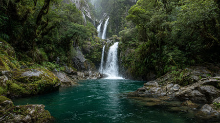 Waterfall in the rainforest of Milford Sound, New Zealandの写真素材