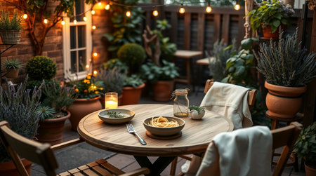 Luxury terrace with table and chairsrated with plants and candlesの写真素材