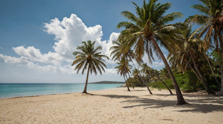 Coconut palm trees on a tropical beach in Seychellesの写真素材