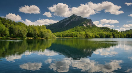 Lake in the mountains with blue sky and clouds reflected in the waterの写真素材