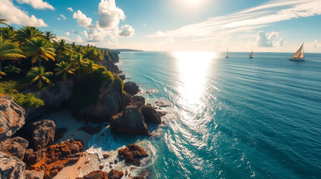 Aerial view of beautiful tropical beach with palm trees and sailboats at sunsetの写真素材