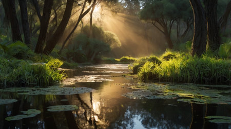 Sunrise over a small river in the middle of the forest.の写真素材