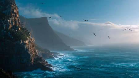 Beautiful seascape with seagulls flying over the ocean and cliffsの写真素材