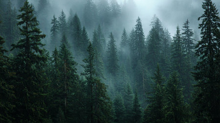 Foggy forest in the Carpathian mountains, Ukraine.