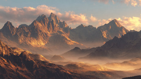 Foggy mountains in the morning. 3d render illustration.