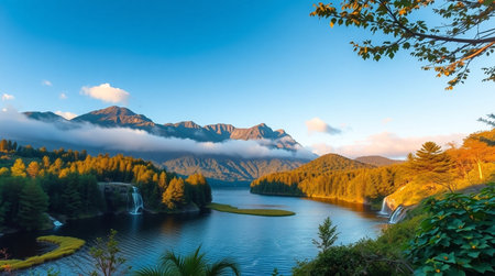 Mountain landscape with lake and forest at sunrise, New Zealand.の写真素材