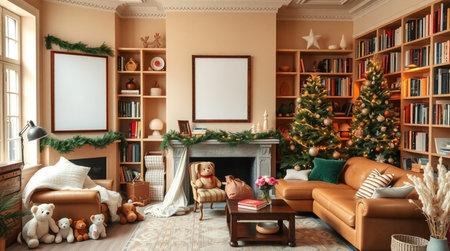 Living room interior with christmas tree and decorations. 3d renderingの写真素材