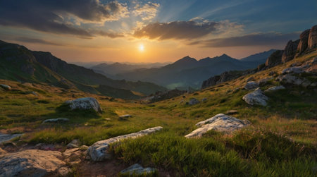 Panoramic view of the mountains at sunset. Beautiful landscape.の写真素材