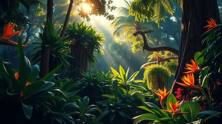 Beautiful tropical garden with flowers and sunlight in the morning. Panorama