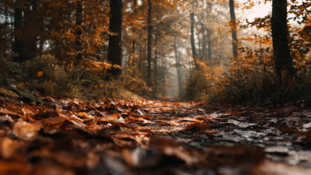 Autumn forest with fallen leaves and sunbeams. Selective focus.の写真素材