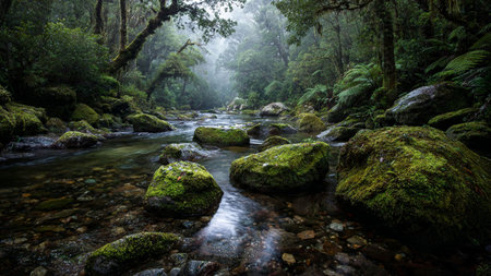 Mossy rocks in a stream in the rainforest of New Zealand
