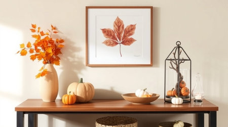 Beautiful autumn composition with pumpkins and leaves on wooden table in room