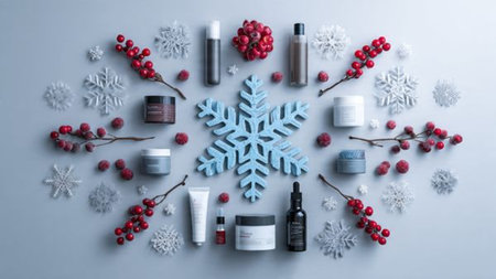 A snowy outdoor scene with hanging baubles and twinkling lights.の写真素材