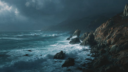 Snow mountains above bright turquoise lake.の写真素材
