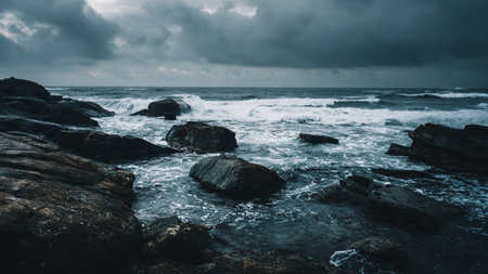 Snowy mountain range under clear cold sky.の写真素材