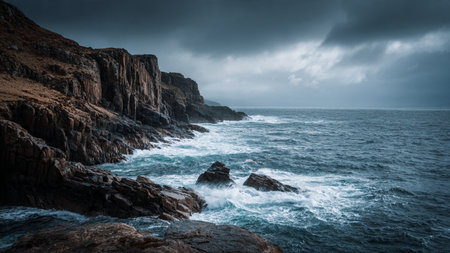 A tall waterfall divides the jungle scene, with spray blending into the canopy above.の写真素材