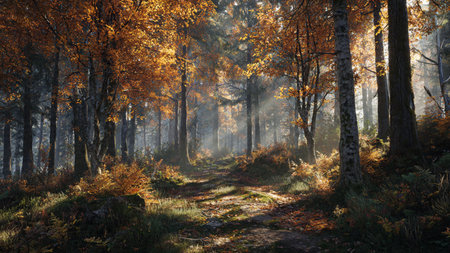 Sun streams between tall pine trees.