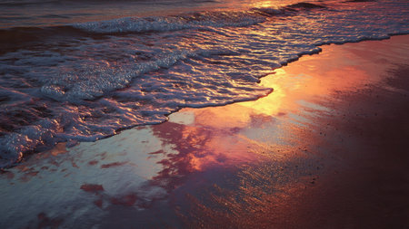 The warm hues of the setting sun reflect on the ocean waves, creating a serene and picturesque...