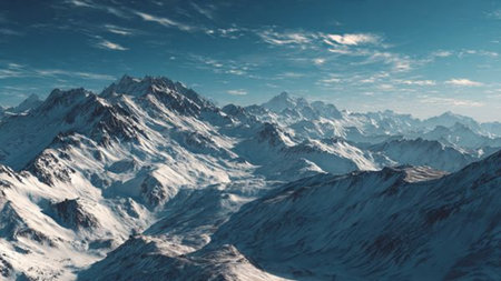 Snowy mountains and clear blue sky.