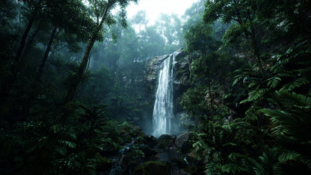Waterfall seen between green cliffs.