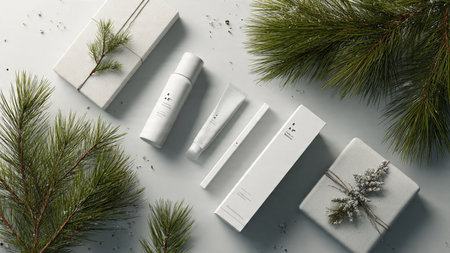 A festive tabletop with candles, ornaments, and snow-covered pinecones.の写真素材