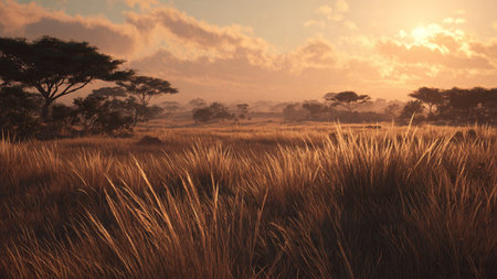 Golden sun rising over grassy landscape.