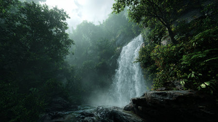 River under soft mist and forest.