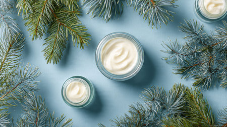 A festive flat lay with red ornaments, pinecones, and holiday lights.の写真素材